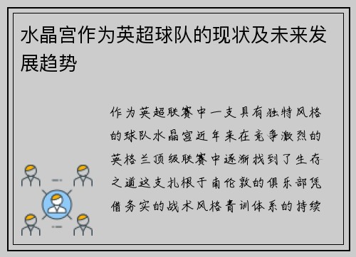 水晶宫作为英超球队的现状及未来发展趋势